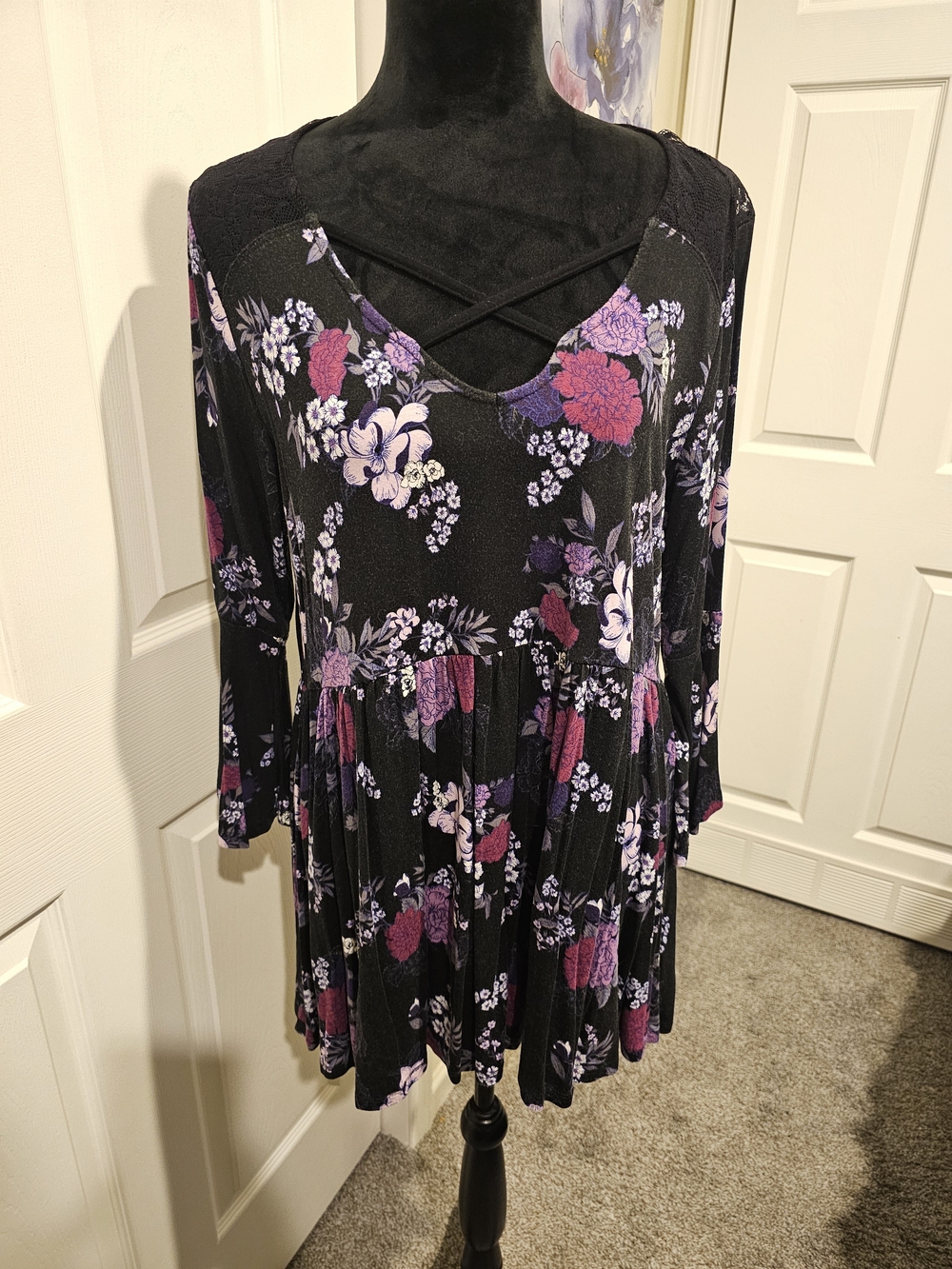 torrid Black Floral Crisscross V-Neck Tunic with Purple and Pink Blooms
